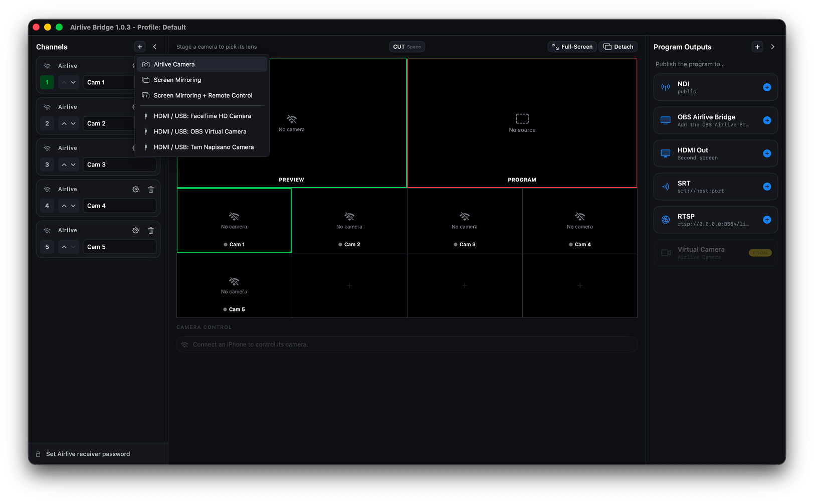 Airlive Bridge on macOS: the channel list on the left, Preview and Program with a CUT above the multiview grid, and the Program Outputs rail on the right